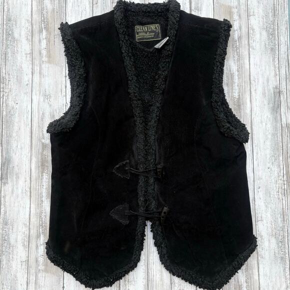 VTG Clean Lines Suede Sherpa Lined Vest Sz M Black Statement Buttons Western 90s - Picture 1 of 8